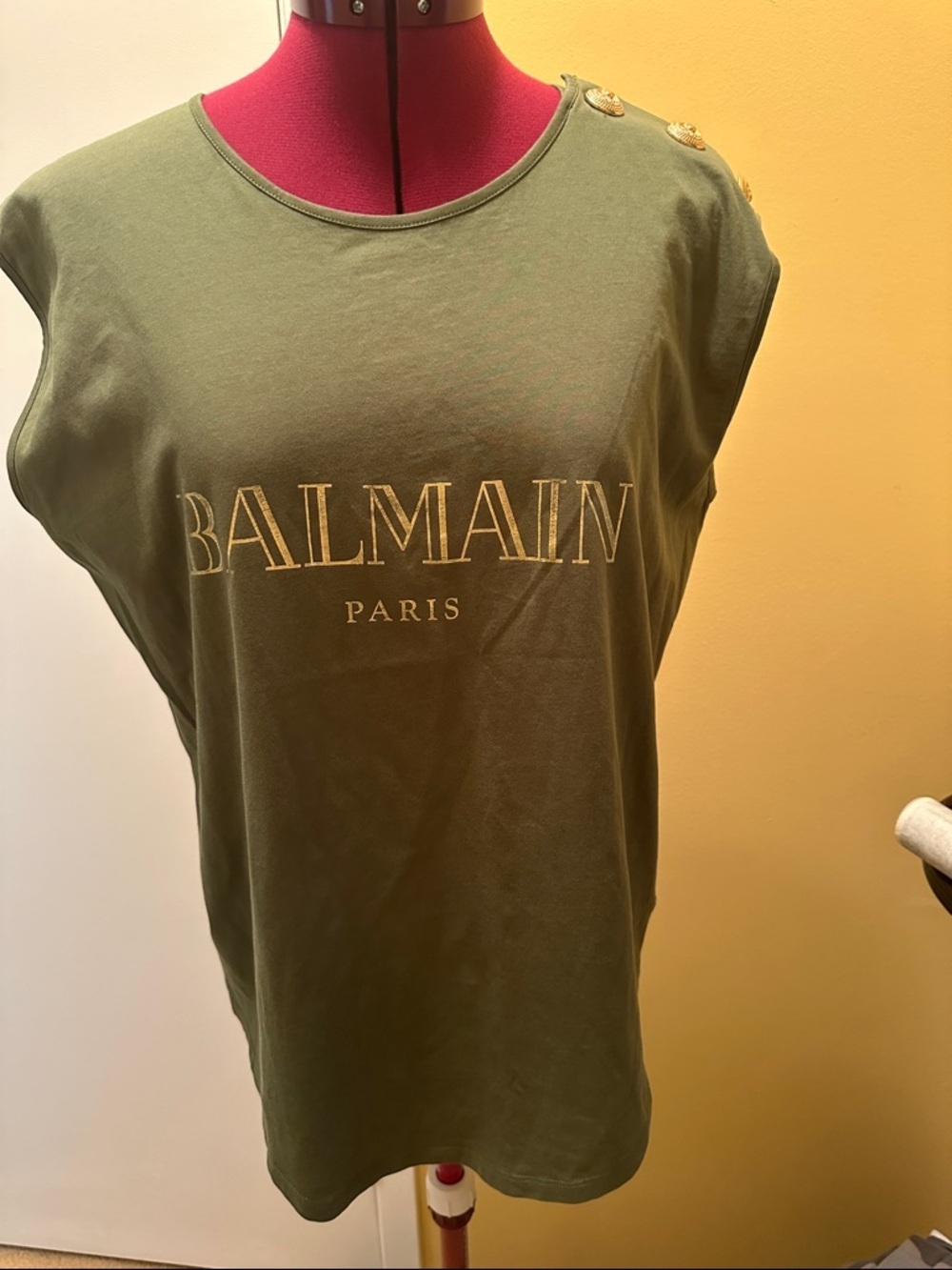Balmain Paris tank top OLIVE GREEN with Gold Shoulder Buttons and front logo - Picture 3 of 12